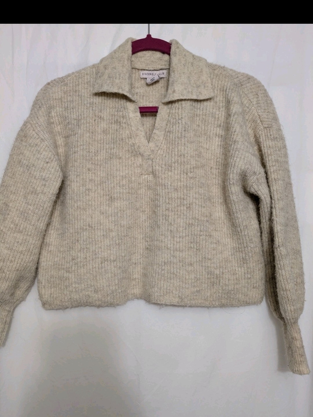 Sincerly Jules Heathered Cream Collared V-Neck Sweater
